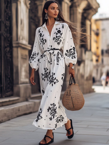 Casual Loose Floral Print Cotton and Linen Long Sleeve Shirt Vacation Maxi Dress