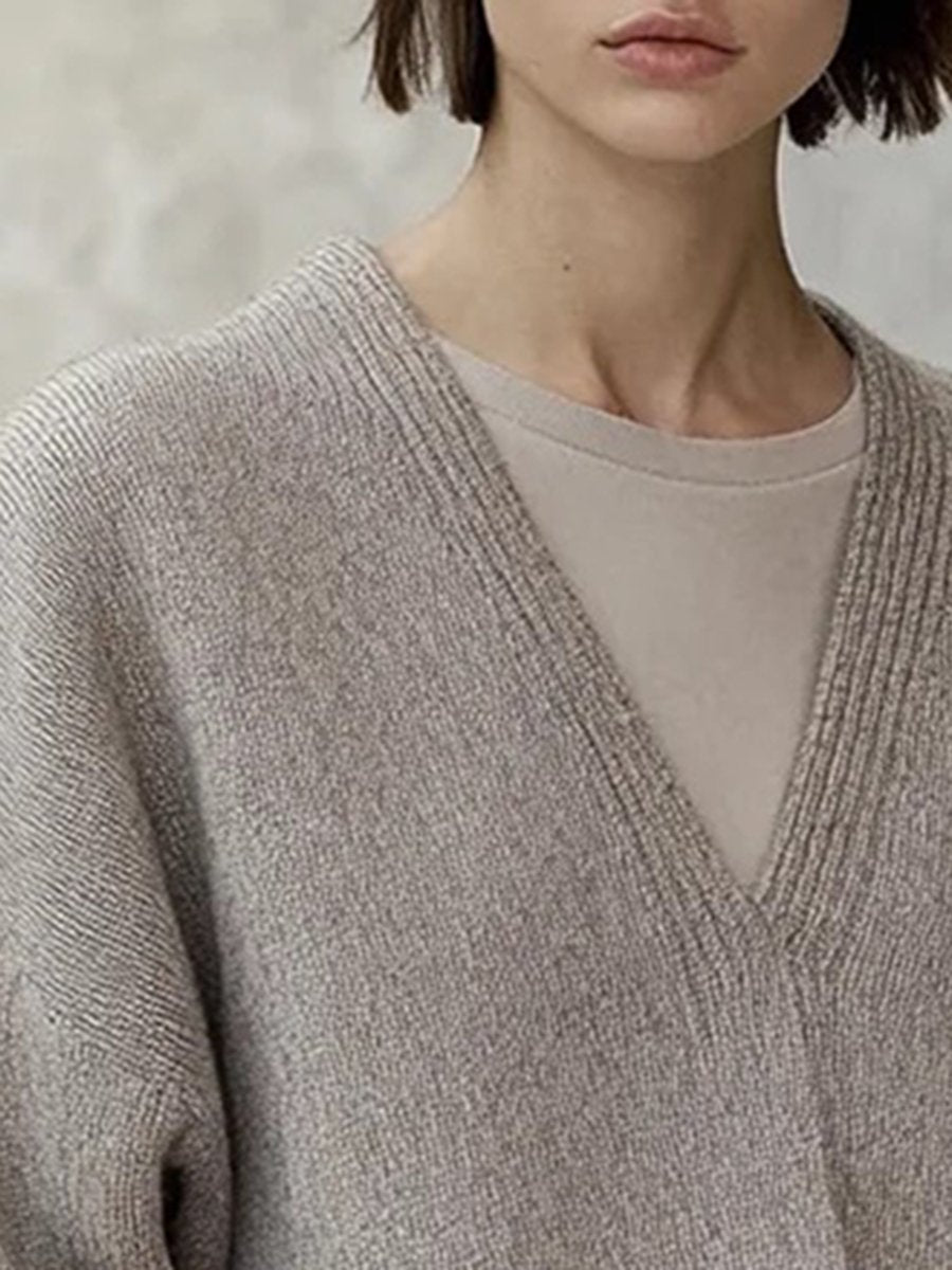 Lazy High-End Deep V-Neck Oatmeal Loose Pullover Sweater