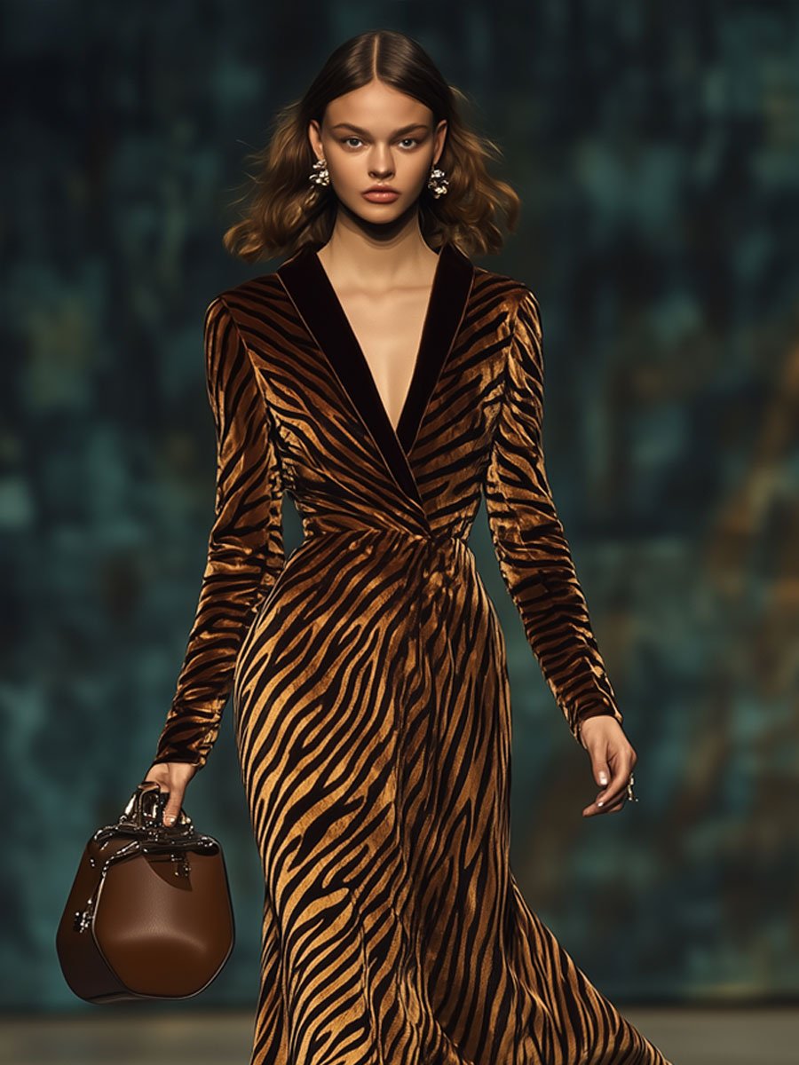 Fashion Retro Velvet Zebra Print V-Neck Long Sleeve Maxi Dress