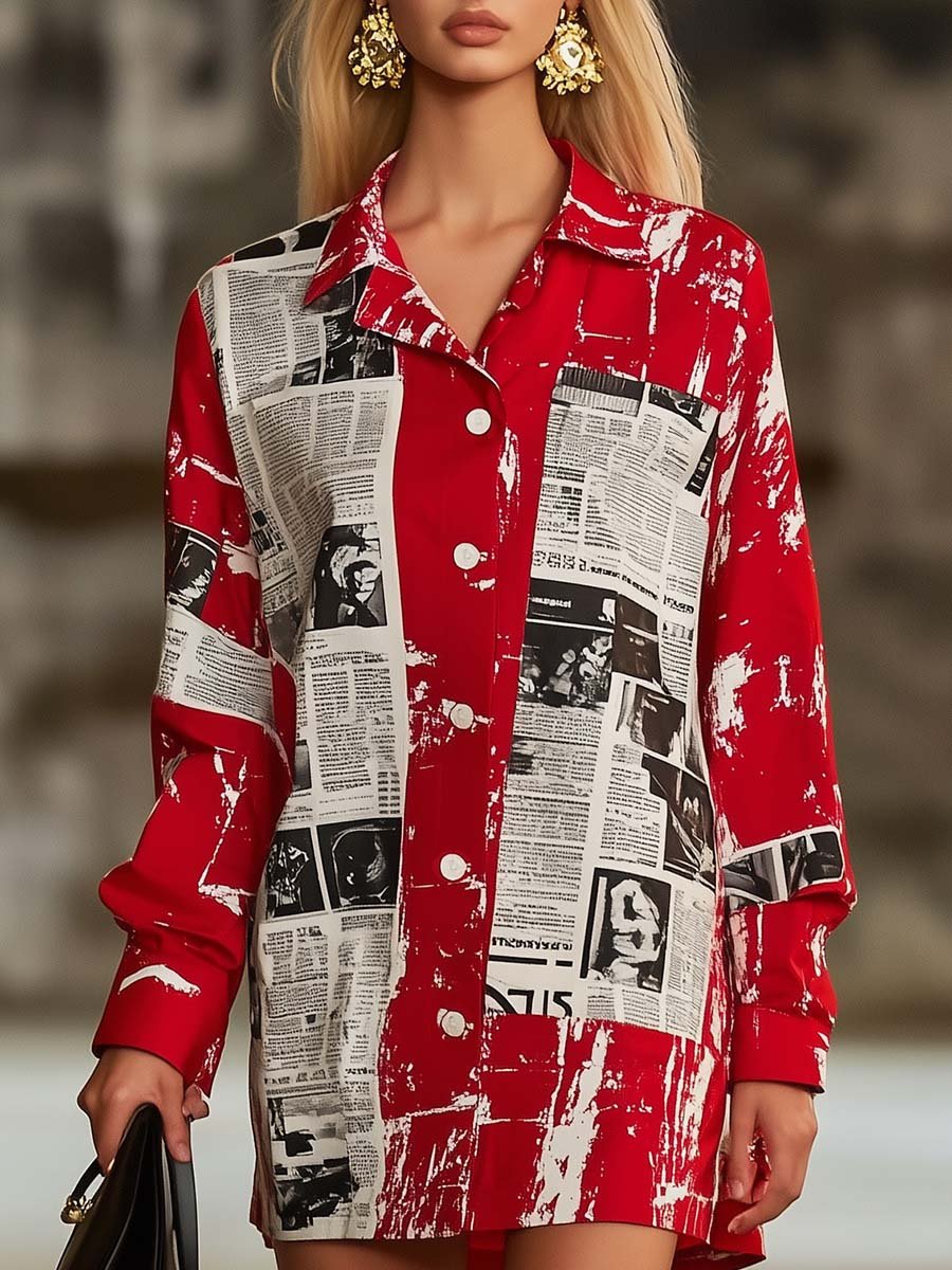 Fashionable Personalized Newspaper Print Red Loose Shirt Style Mini Dress