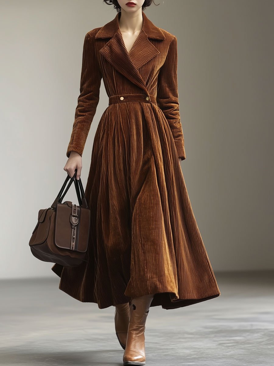 Casual Loose Vintage Corduroy Lapel Long Sleeve Maxi Dress