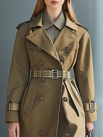 Fashionable Khaki Plaid Patchwork Trench Coat