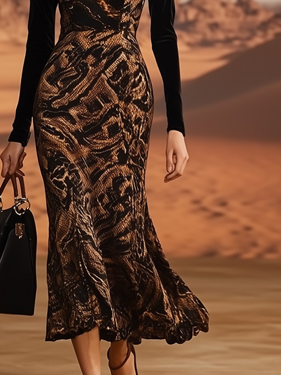 Elegant Black Velvet Patchwork Snake Print Long Sleeve Maxi Dress