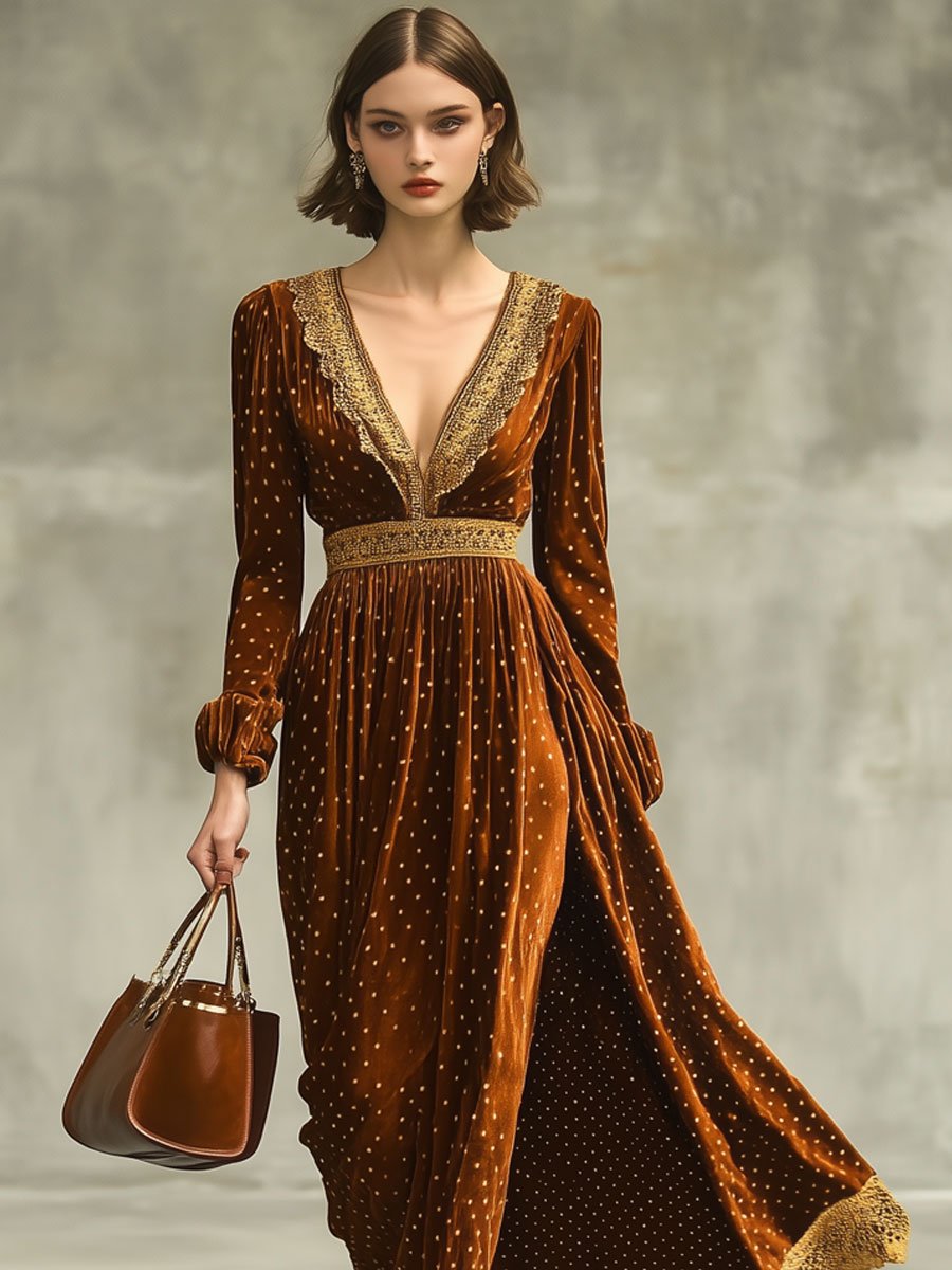 Fashion Retro Velvet Polka Dot Print V-Neck Lace Long Sleeve Maxi Dress