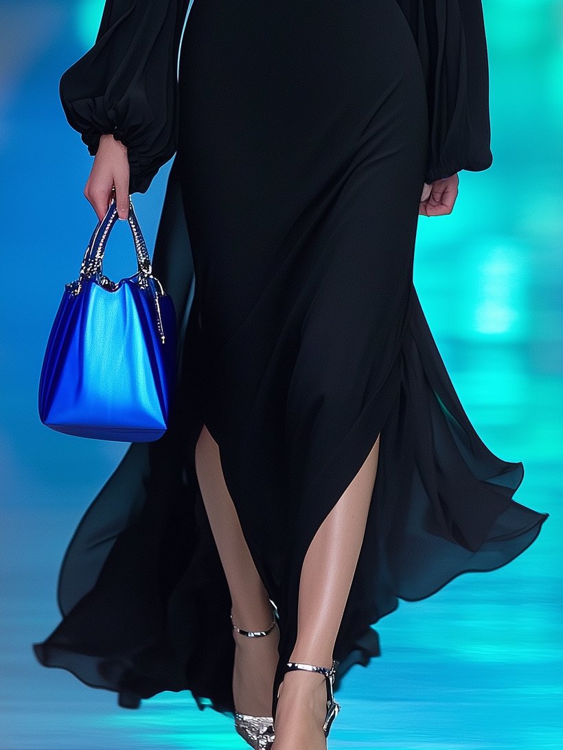 High-End One-Shoulder Ruffled Neckline Chiffon Black Long-Sleeved Maxi Dress