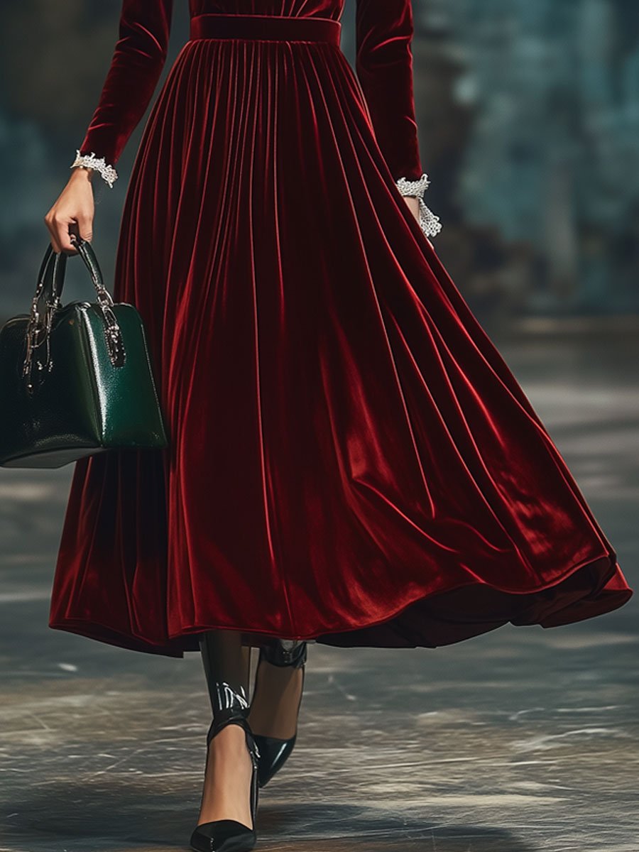 Lace Velvet Stitching Long Sleeve Fashion Party Midi Dress