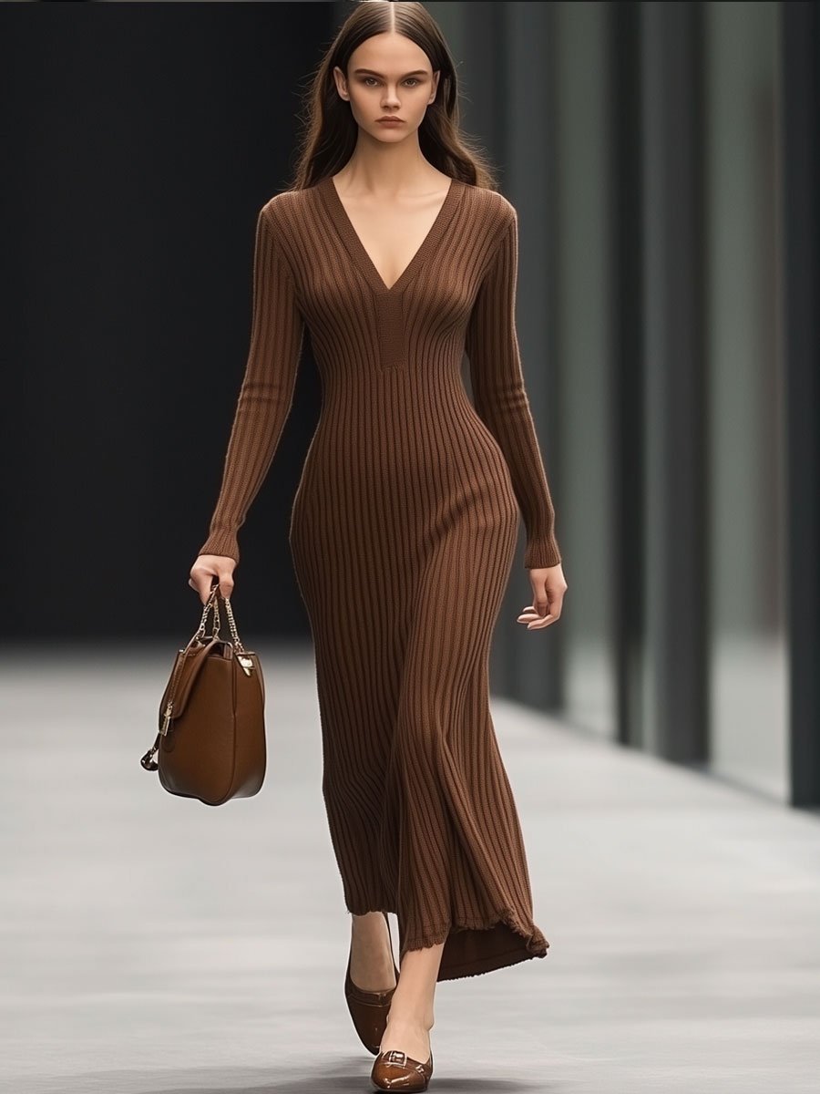 V-Neck Casual Solid Chocolate Knitted Long Sleeve Maxi Dress