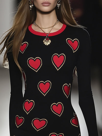 Fashion Party Holiday Gold Silk Trim Heart Print Long Sleeve Mini Dress