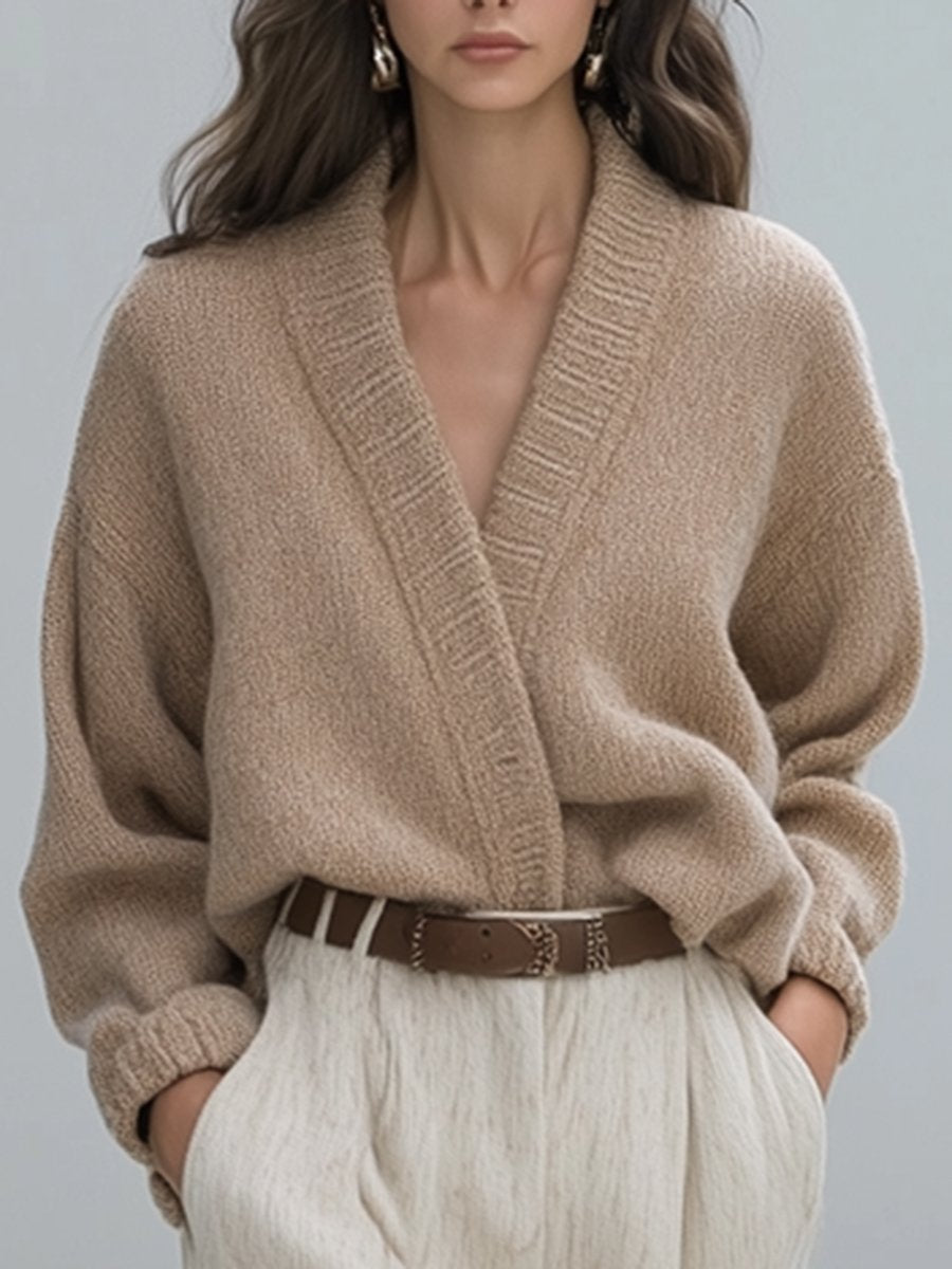 Lazy High-End Oatmeal V-Neck Dropped Shoulder Knitted Cardigan