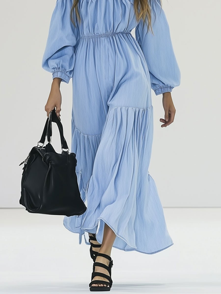 Casual Loose Blue Denim Mid Sleeve Off Shoulder Holiday Maxi Dress