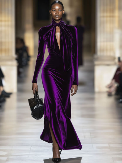 Fashion Retro Purple Velvet Collar Tie Slit Long Sleeve Maxi Dress