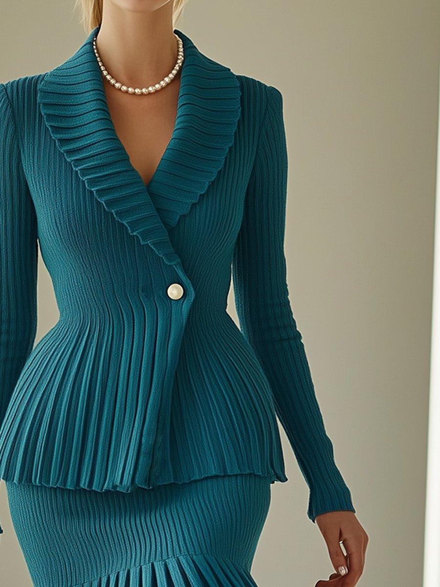 Elegant Lapel Peacock Blue Long Sleeve Sweater Cardigan