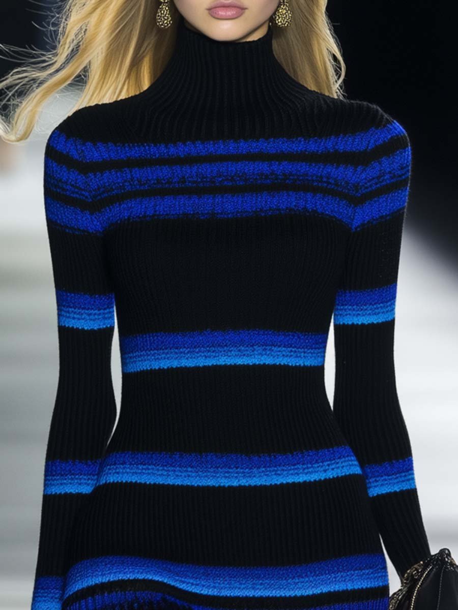 Elegant High-neck Blue and Black Contrast Knitted Mini Dress