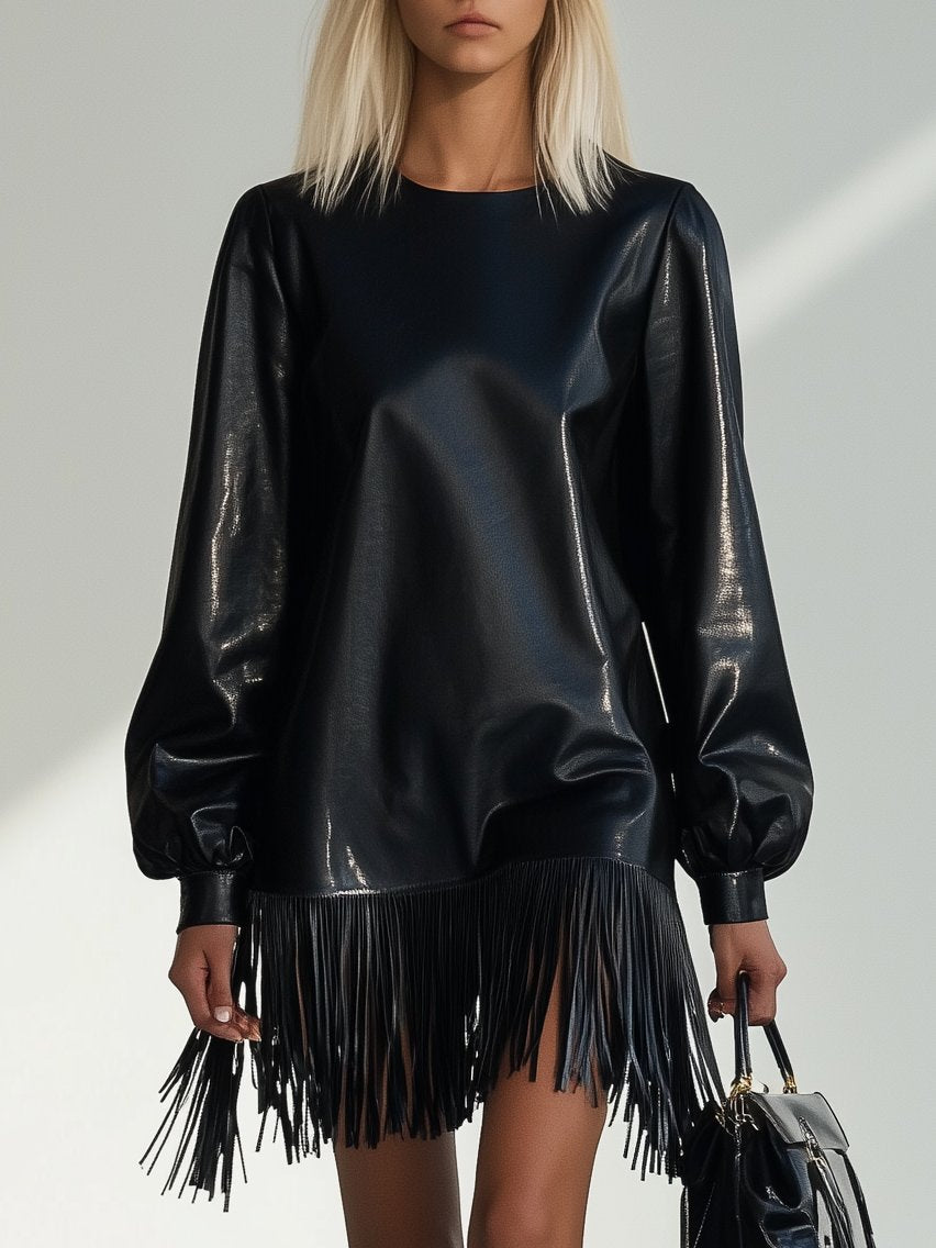 Fashionable Loose Leather Tassel Black Long Sleeve Mini Dress