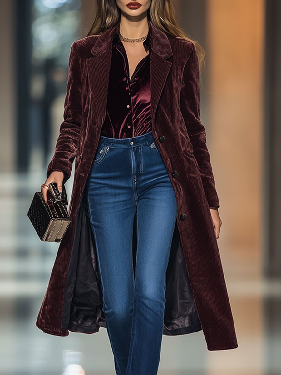 Casual Loose Retro Ankola Red Corduroy Lapel Mid-Length Trench Coat