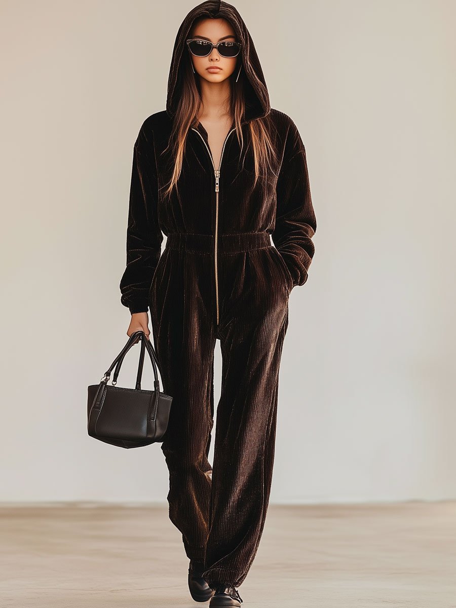 Casual Loose Vintage Corduroy Zipper Hooded Jumpsuit