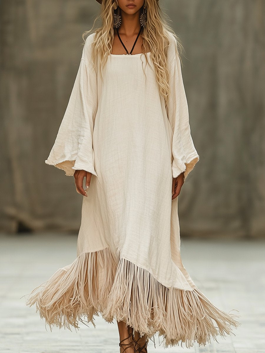 Casual Loose Simple Hem Tassel Beige Long Sleeve Maxi Dress