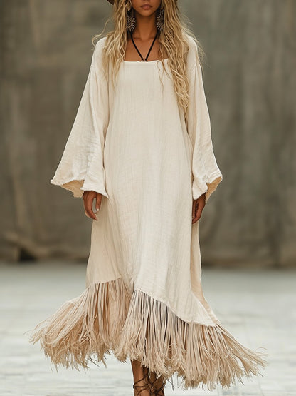 Casual Loose Simple Hem Tassel Beige Long Sleeve Maxi Dress