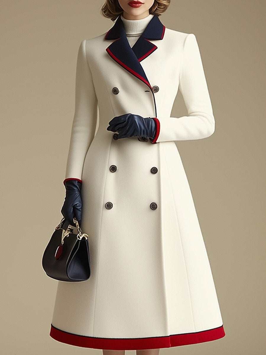 High-End Retro And Fashionable Double-Breasted Lapel Color-Blocked Long Coat