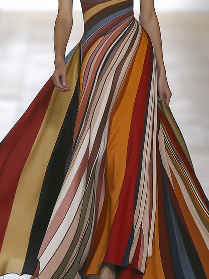 Elegant and Charming Tube Top Color Striped Satin Sleeveless Maxi Dress