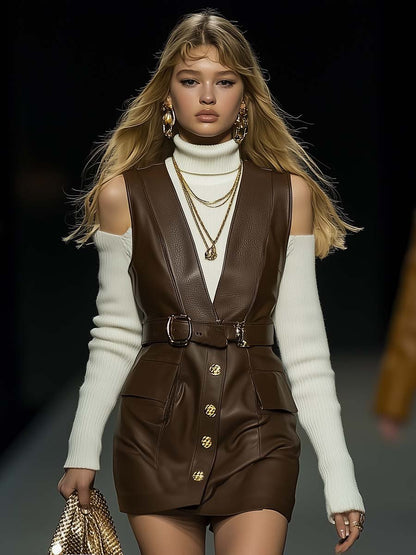 Fashion V-neck Belted Vest Style Brown Leather Mini Dress