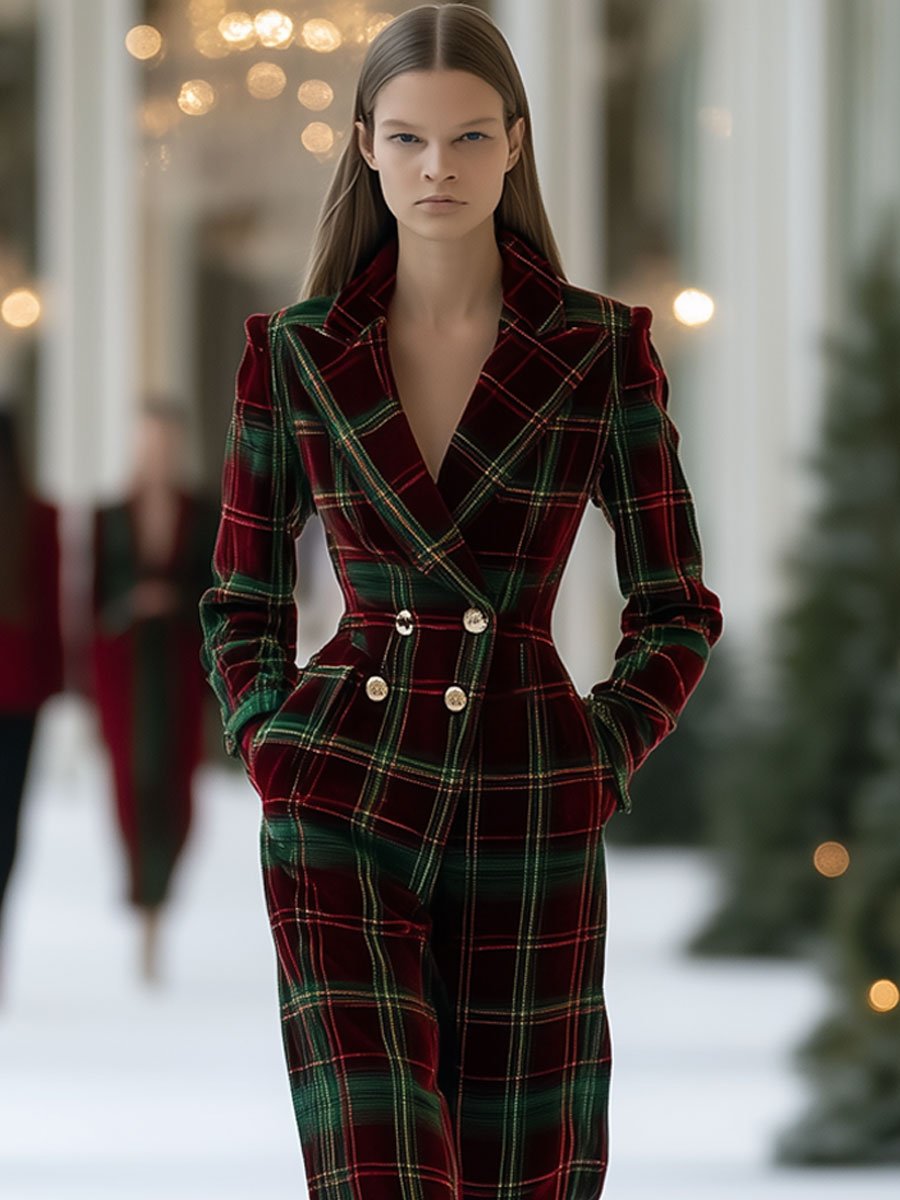 Casual Loose Retro Red And Green Plaid Suit Pants Set