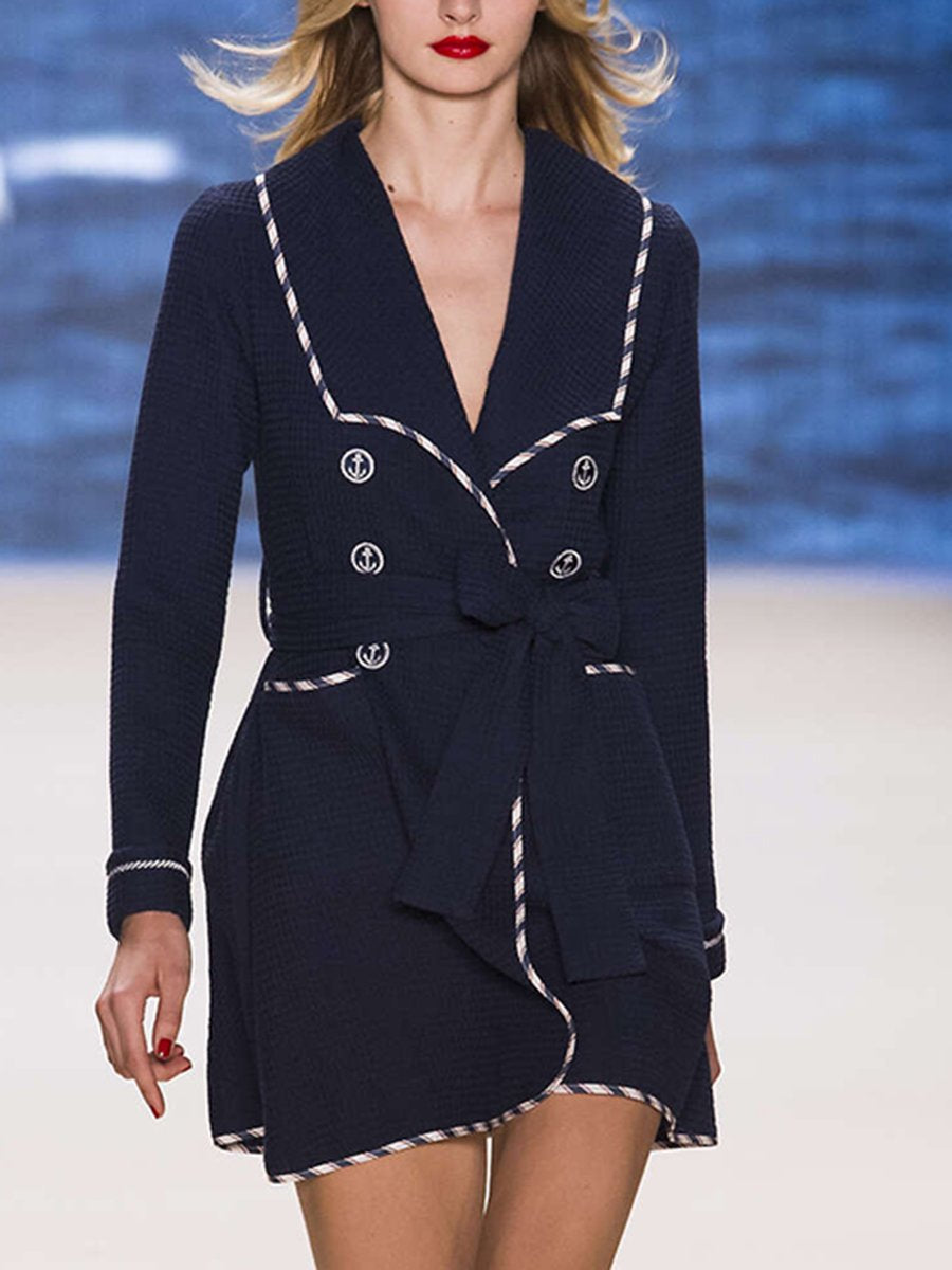 Retro High-End Fashionable Navy Style Belted Short Trench Coat