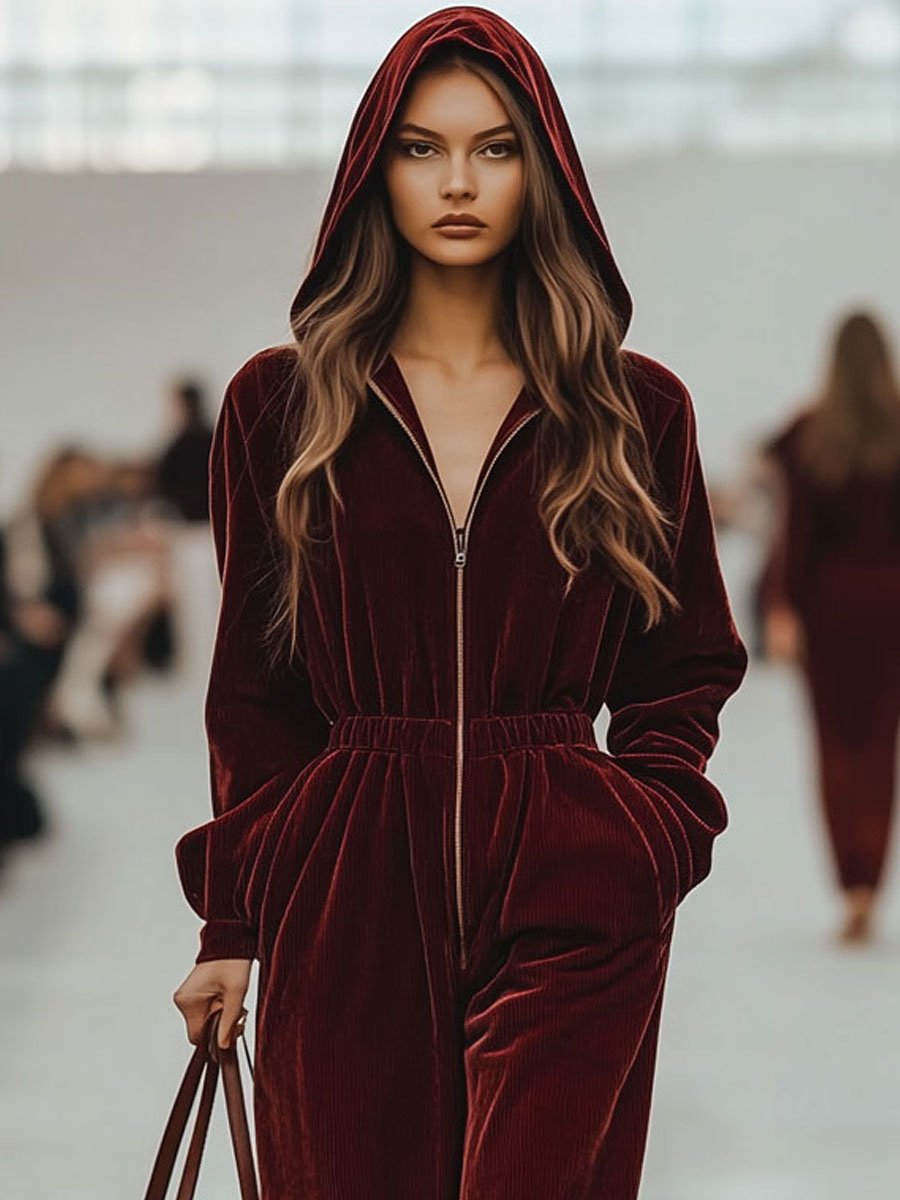 Casual Loose Retro Ankola Red Corduroy Zipper Hooded Jumpsuit