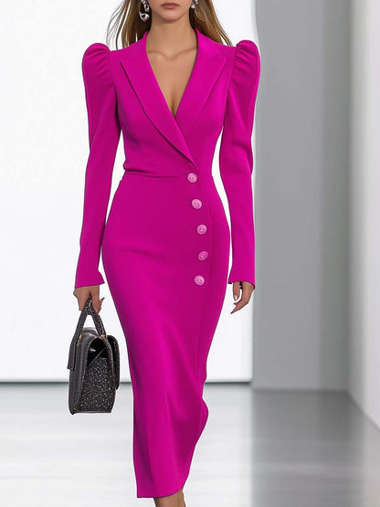 Elegant and Fashionable V-neck Puff Sleeve Bright Pink Slim Fit Midi Dress