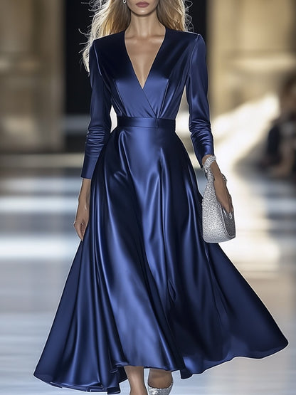 High-End And Elegant V-Neck Blue Satin A-Line Skirt Dress