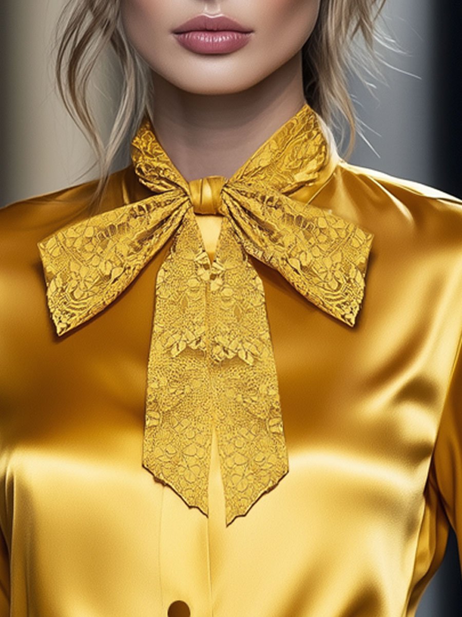 Loose Retro Yellow Satin Lace Ribbon Long Sleeve Blouse