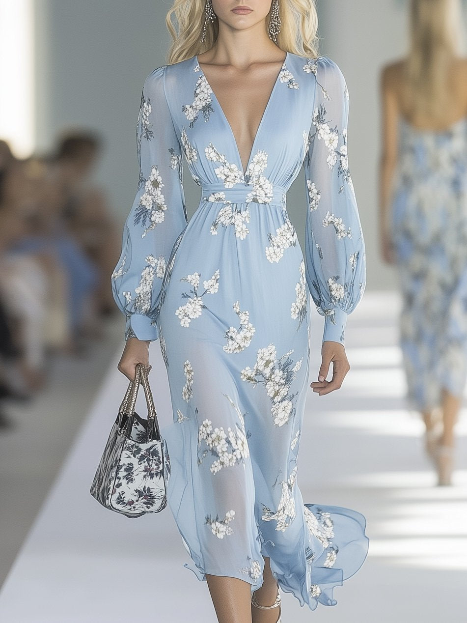 Romantic Chiffon Print Light Blue Long Sleeve Maxi Dress