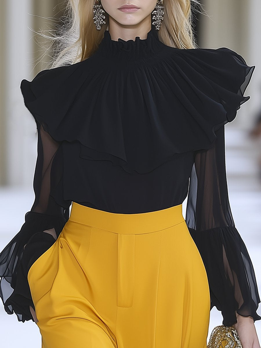 French Chic Elegant Ruffled Black Chiffon Top