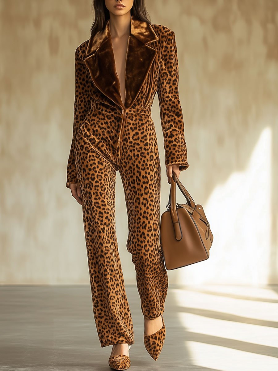 Casual Loose Retro Velvet Leopard Print Colorblock Lapel Long Sleeve Jumpsuit