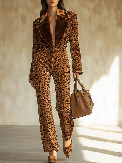 【24-hour shipping】Casual Loose Retro Velvet Leopard Print Colorblock Lapel Long Sleeve Jumpsuit