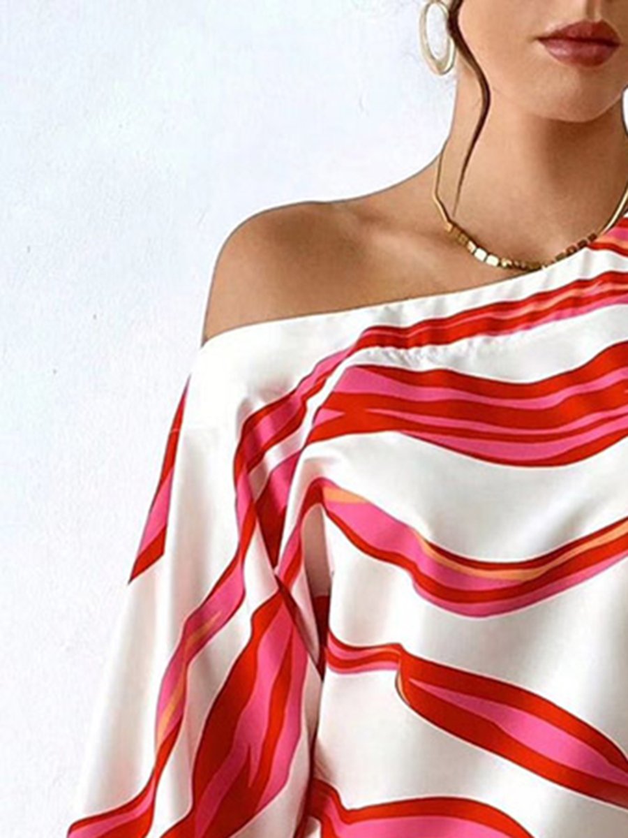 Loose Temperament Off-shoulder One-shoulder Collar Printed Shirt