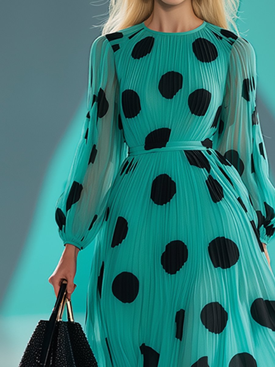 Romantic Flowing Polka Dot Chiffon Long Sleeve Maxi Dress