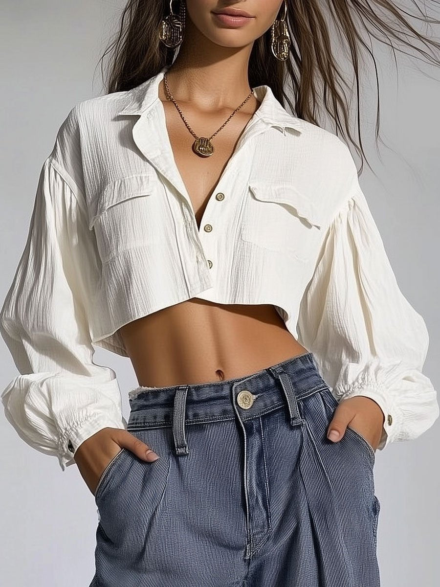 Casual Loose Pocket Cotton Long Sleeve Blouse