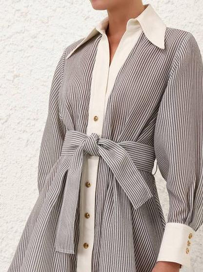 Classic Cotton Lapel Striped Shirt Mini Dress