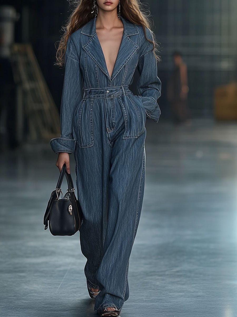 Casual Simple Fashion Pocket Long Sleeve Wide Leg Denim Jumpsuit