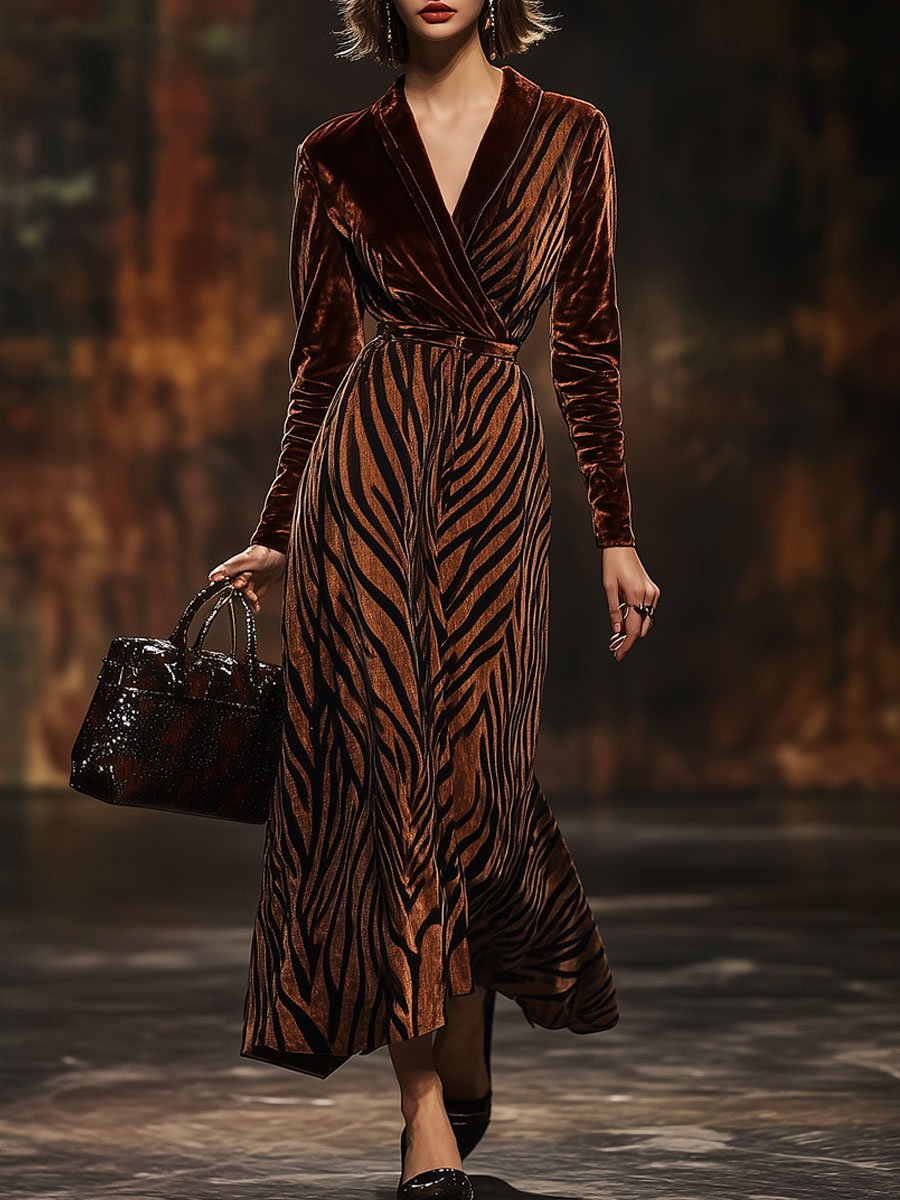 Loose Vintage Velvet Zebra Print V-Neck Long Sleeve Maxi Dress