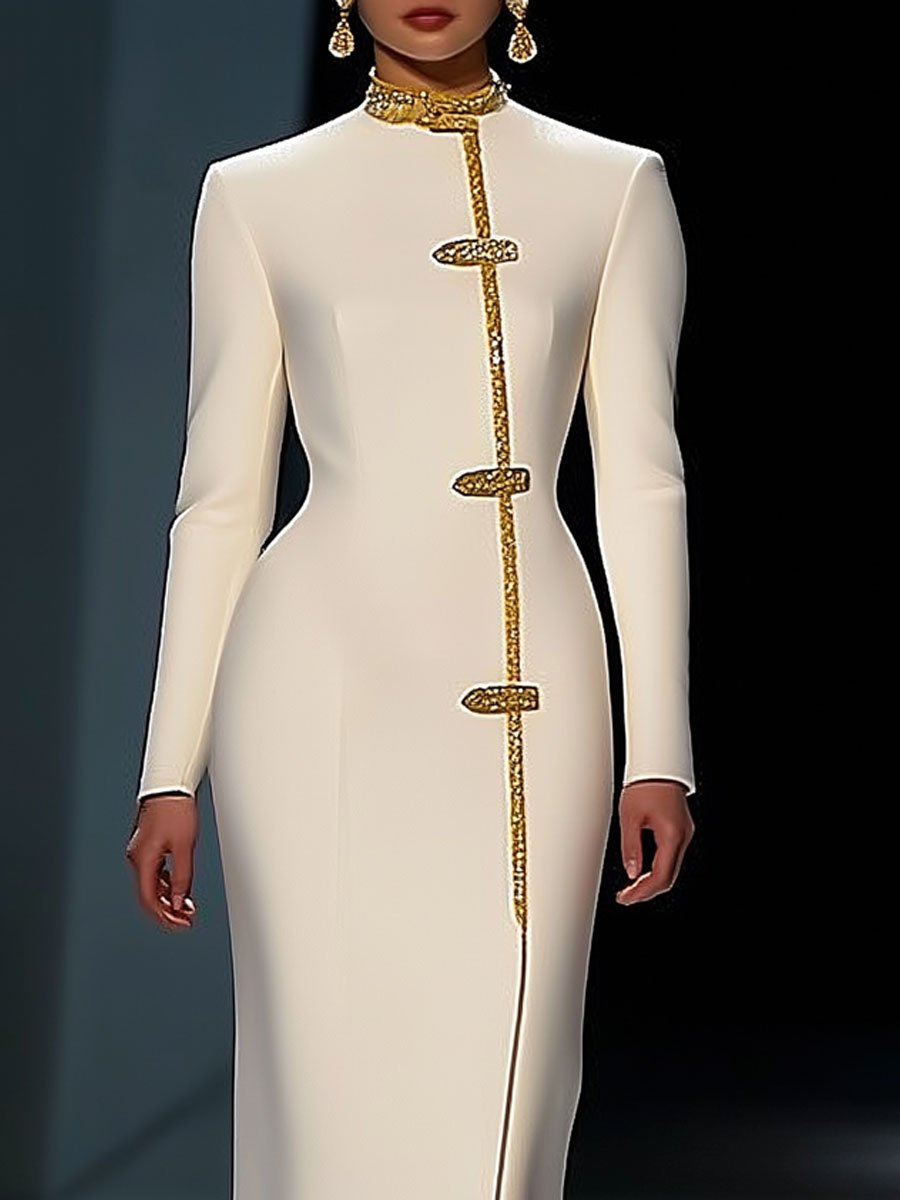 Fashion Party Gold Trim White Slim Fit Long Sleeve Midi Dress