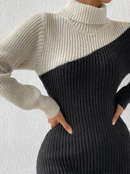 Fashion Contrast High Neck Long Sleeve Knit Mini Dress