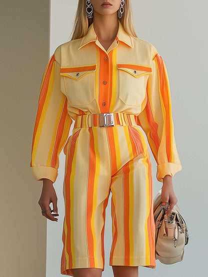 Vibrant and Fashionable Shirt Collar Orange Striped Yellow Short Jumpsuit