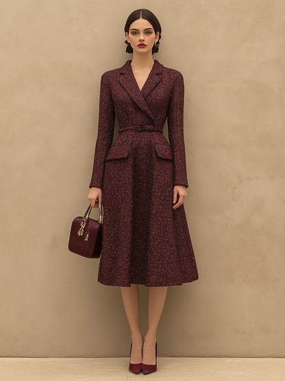 【24-hour shipping】Vintage Elegant Ankola Red Tweed Lapel Dress