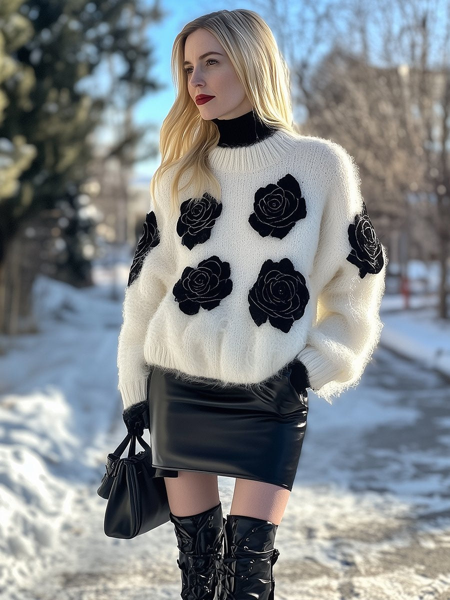 Fashion Loose Casual  Rose Decorated Mohair Sweater