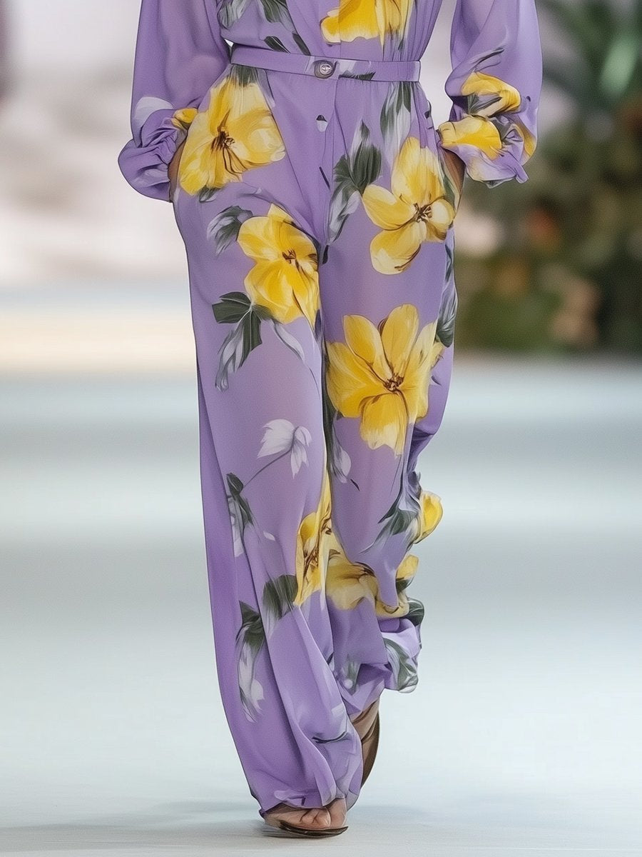 Casual and Loose Purple Chiffon Yellow Print Long-sleeved Shirt Jumpsuit