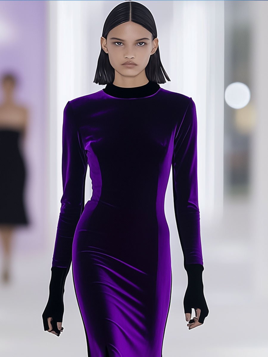 Fashion Retro Black Trim Purple Velvet Slit Long Sleeve Midi Dress