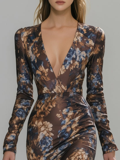 Elegant and Charming Printed V-neck Brown Midi Dress