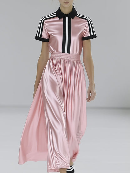 Elegant Polo-neck Black and White Striped Pink Satin Short-sleeved Maxi Dress